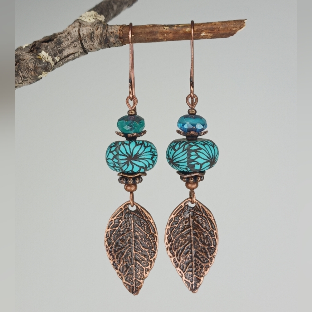 Copper Leaf Earrings Turquoise Czech Glass Botanical Jewelry Hand Crafted - Picture 3 of 5